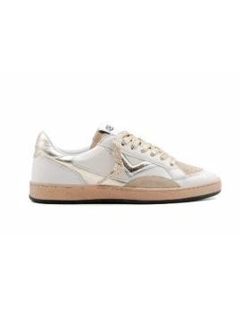 4B12 SNEAKERS DONNA BIANCA CON DETTAGLI PLATIMO E CAMOSCIO CAMEL